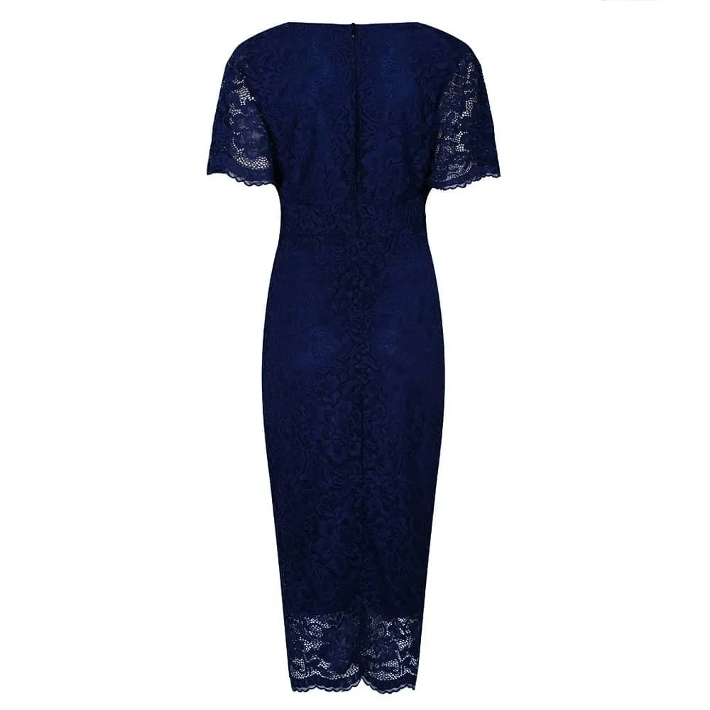 Navy Blue Vintage Lace Detail Bodycon Midi Pencil Dress