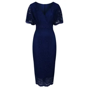 Navy Blue Vintage Lace Detail Bodycon Midi Pencil Dress