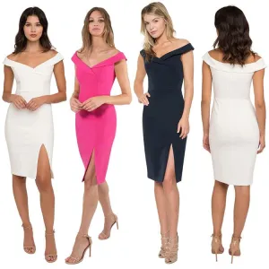 Off Shoulder V-Neck Foldover Split Thigh Bodycon Dress