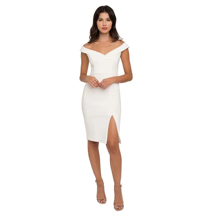 Off Shoulder V-Neck Foldover Split Thigh Bodycon Dress