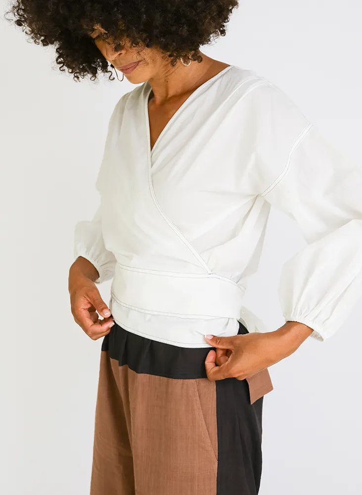 Paige Wrap Top, white poplin