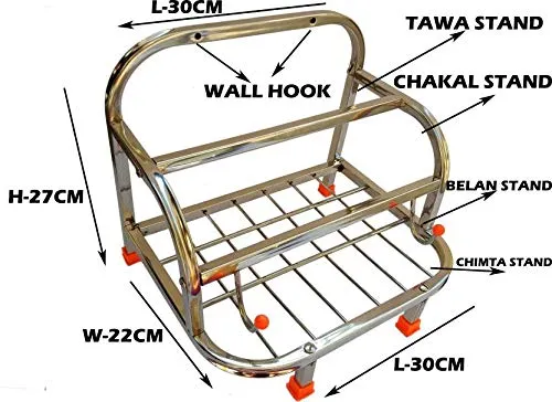 Parasnath Stainless Steel 4 in 1 Square Chakla Belan Stand with Tong Chimta Holder Made in India