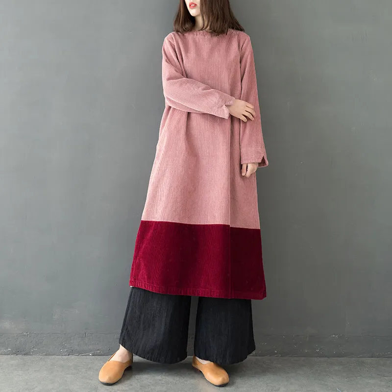 Pink Quilted Corduroy Maxi Dresses Women Spring Casual Clothes Q30018