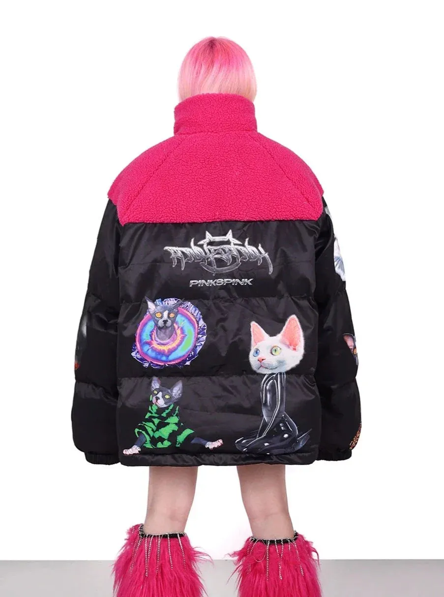 PINKSPINK Quirky Animal Collage Puffer Jacket - Black and Hot Pink