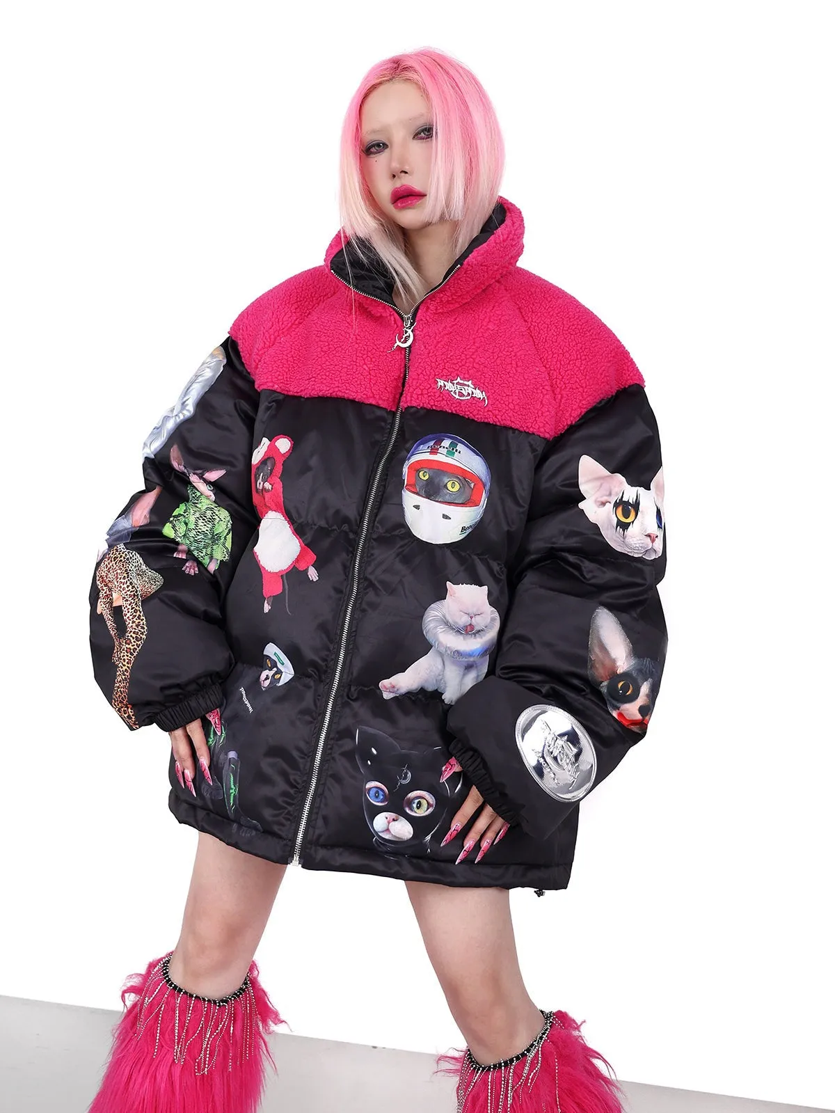 PINKSPINK Quirky Animal Collage Puffer Jacket - Black and Hot Pink