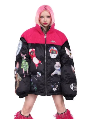 PINKSPINK Quirky Animal Collage Puffer Jacket - Black and Hot Pink