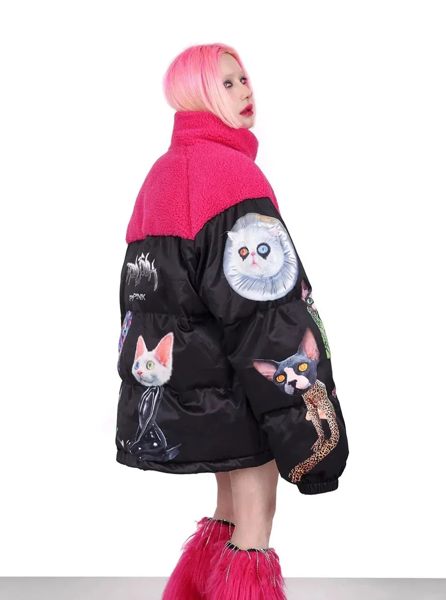 PINKSPINK Quirky Animal Collage Puffer Jacket - Black and Hot Pink