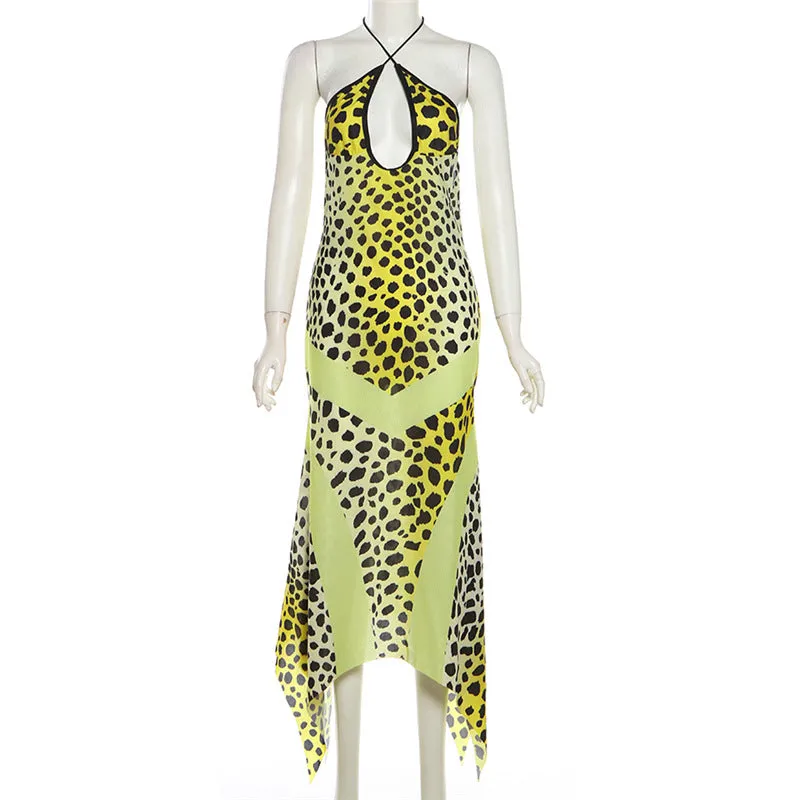 Pre Order:  Leopard Print Hanging Neck Hollowed Out Backless Slim Dress