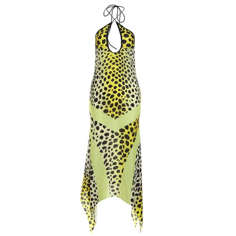 Pre Order:  Leopard Print Hanging Neck Hollowed Out Backless Slim Dress