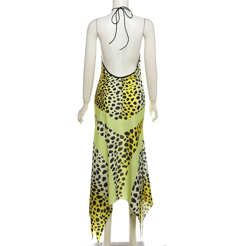 Pre Order:  Leopard Print Hanging Neck Hollowed Out Backless Slim Dress