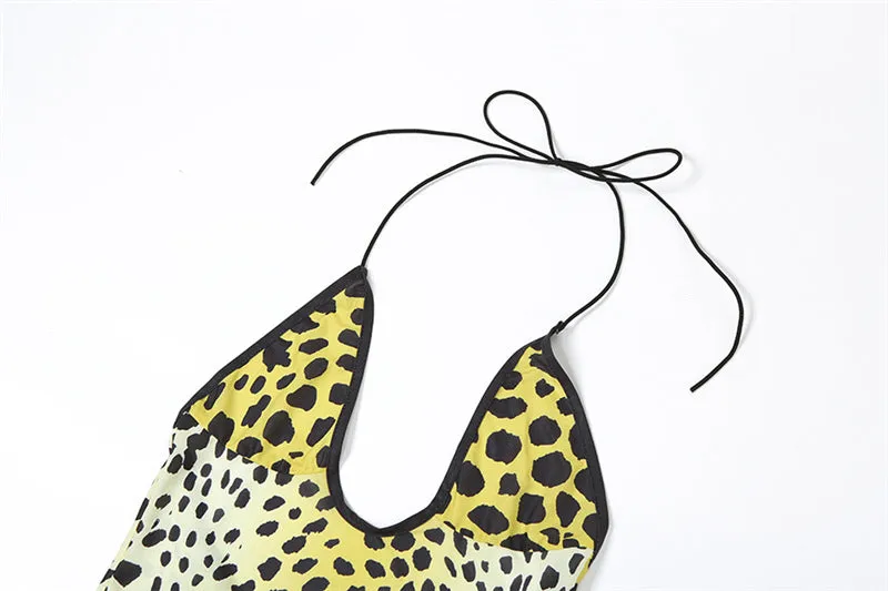 Pre Order:  Leopard Print Hanging Neck Hollowed Out Backless Slim Dress