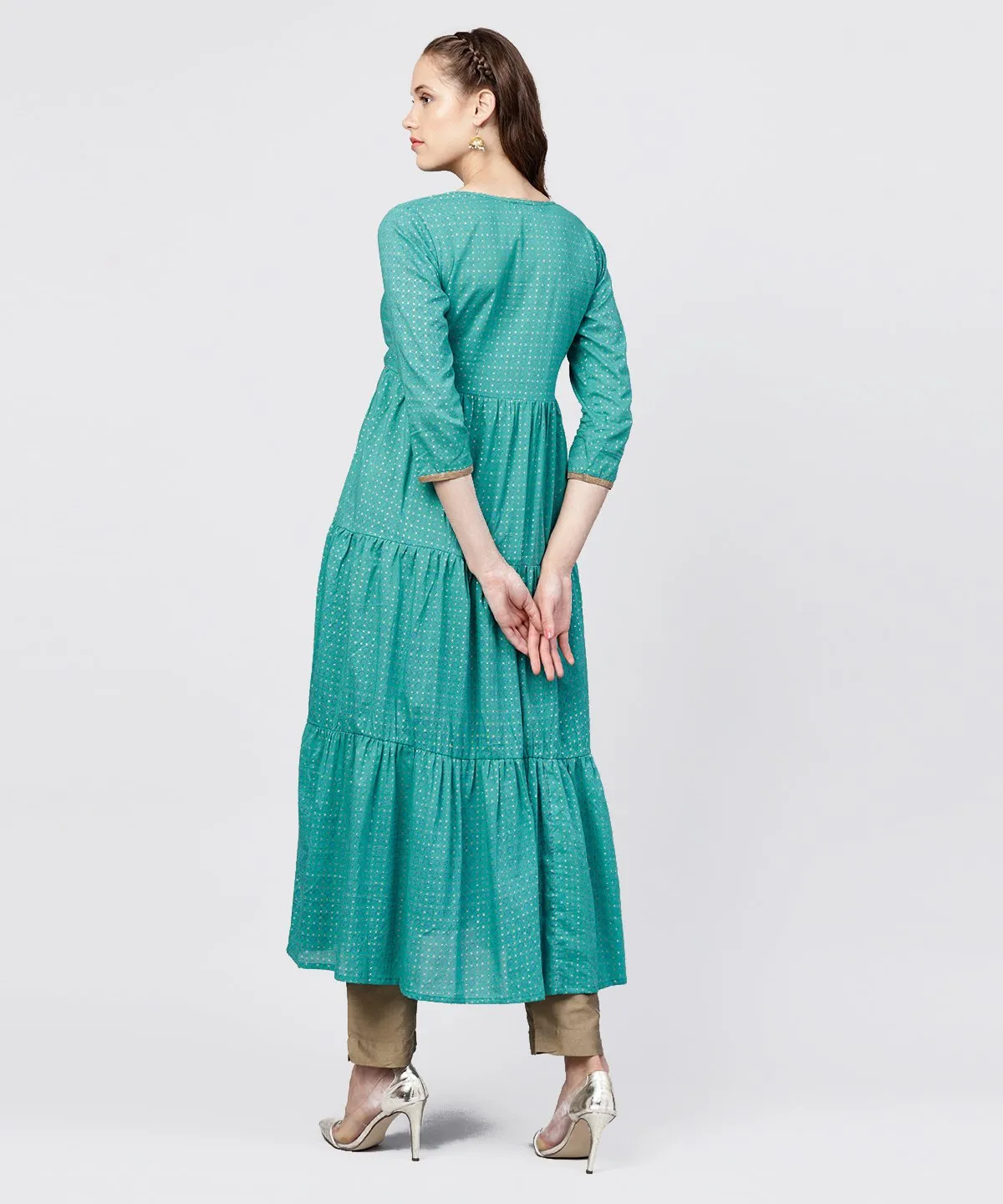 Printed Round Neck Three-Tiered Flared Maxi Dress With Pintucks And 3/4Th Sleeves