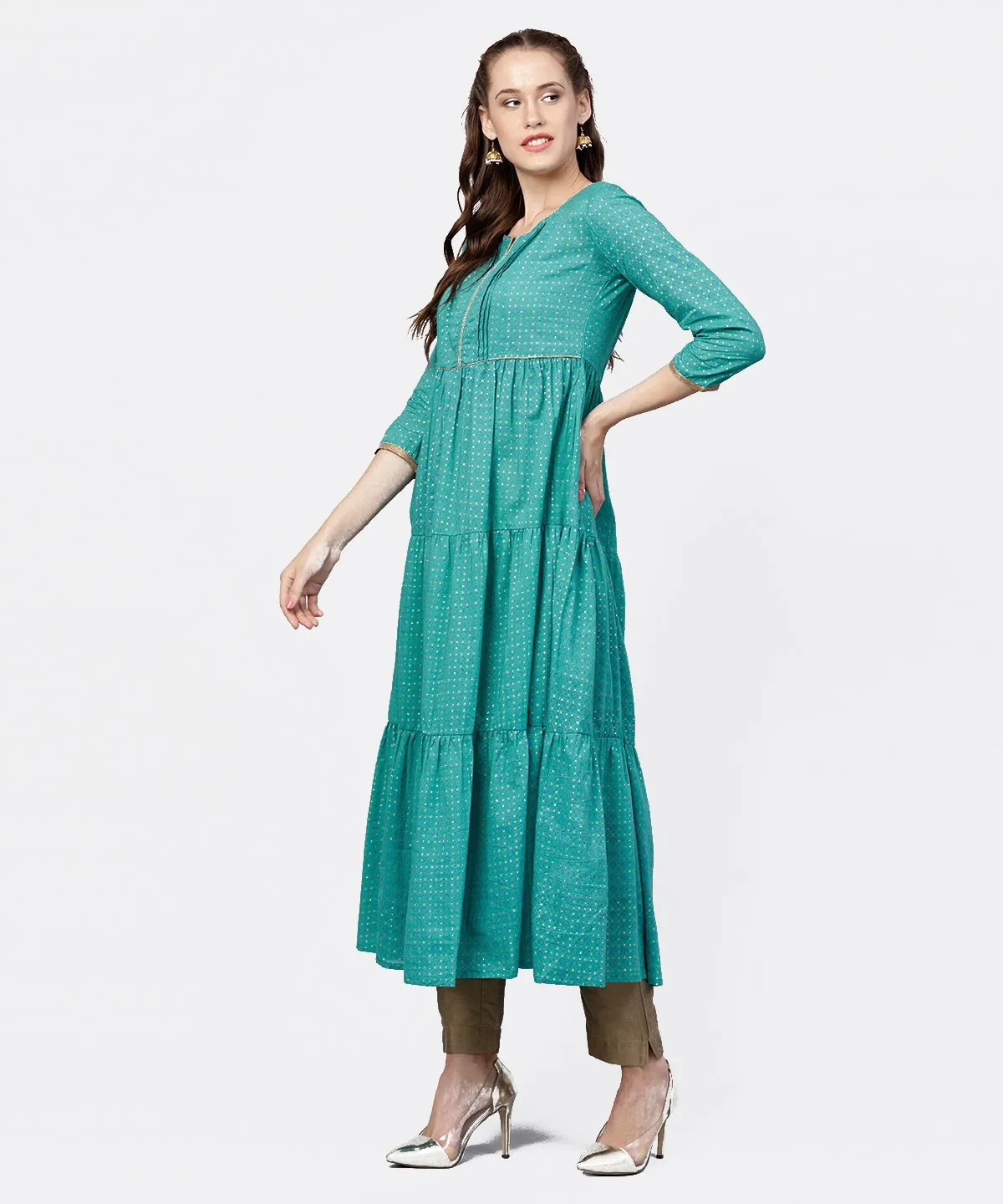 Printed Round Neck Three-Tiered Flared Maxi Dress With Pintucks And 3/4Th Sleeves