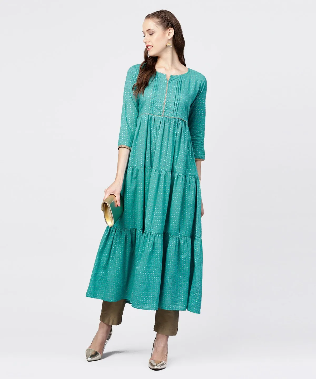 Printed Round Neck Three-Tiered Flared Maxi Dress With Pintucks And 3/4Th Sleeves