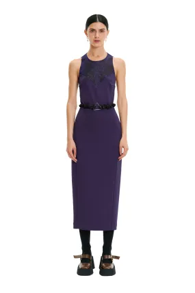 Purple Sleeveless Crew Neck Backless Lace Belted Bodycon Evening Midi Dress