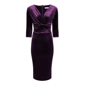 Purple Velour Deep V 3/4 Sleeve Bodycon Ruched Waist Wiggle Dress