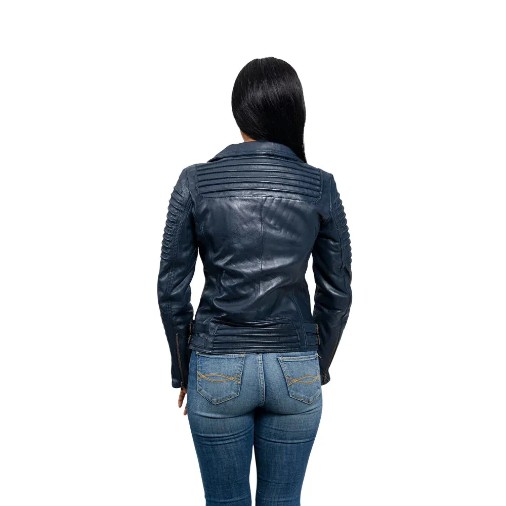 Queens Womens Fashion Leather Jacket Navy Blue