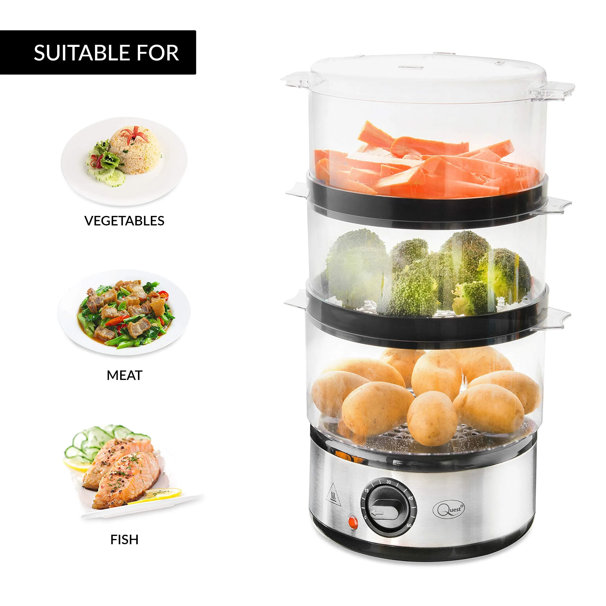 Quest 35220 3 Tier Food Steamer / 7.2 Litre/Compact Design / 3 Separate Compartments & Rice Bowl/Healthy Cooking Of Vegetables, Meats & Fish / 60 Minute Timer Function / 400W