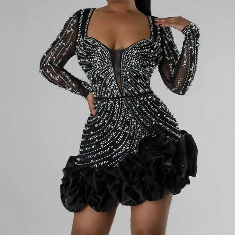 Quinn Long Sleeve Sequined Ruffle Hem Mini Dress