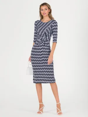 Qyara Jersey Twist Bodycon Midi Dress, Navy Geo