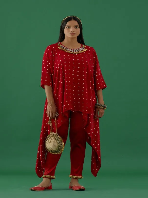 Red Bandhani Modal Satin Tunic With Ghungroo Lycra Pants (Set of 2)