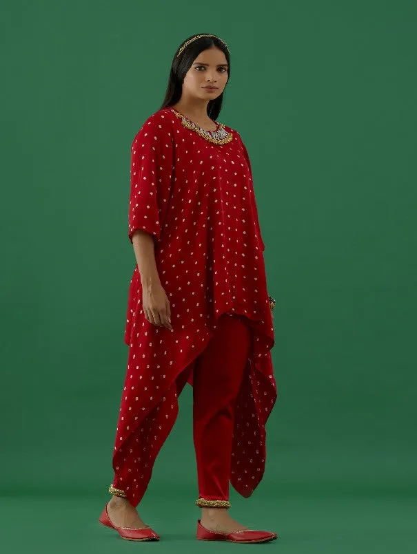 Red Bandhani Modal Satin Tunic With Ghungroo Lycra Pants (Set of 2)