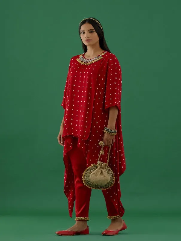 Red Bandhani Modal Satin Tunic With Ghungroo Lycra Pants (Set of 2)