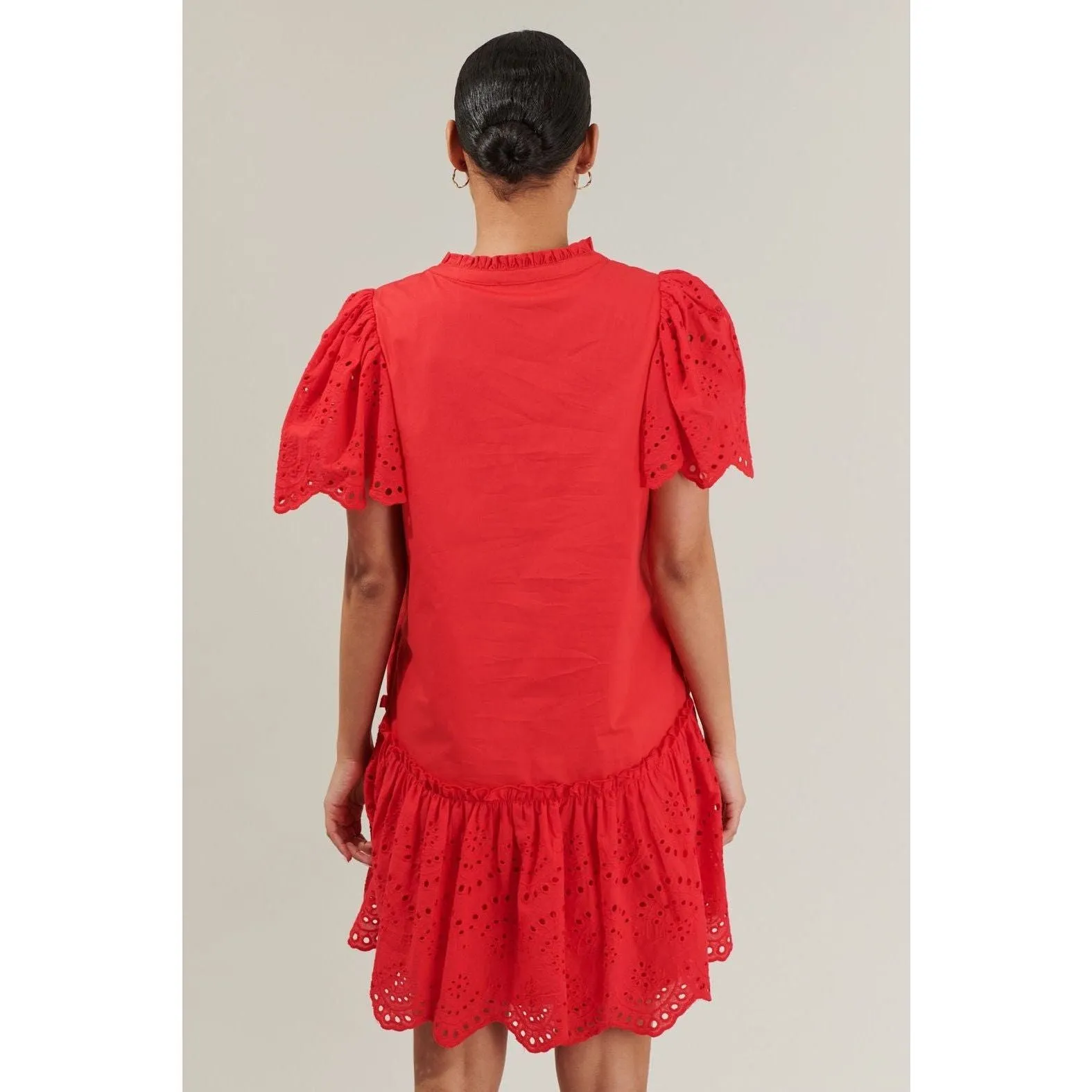 Red Eyelet Trim Poplin Mini Dress