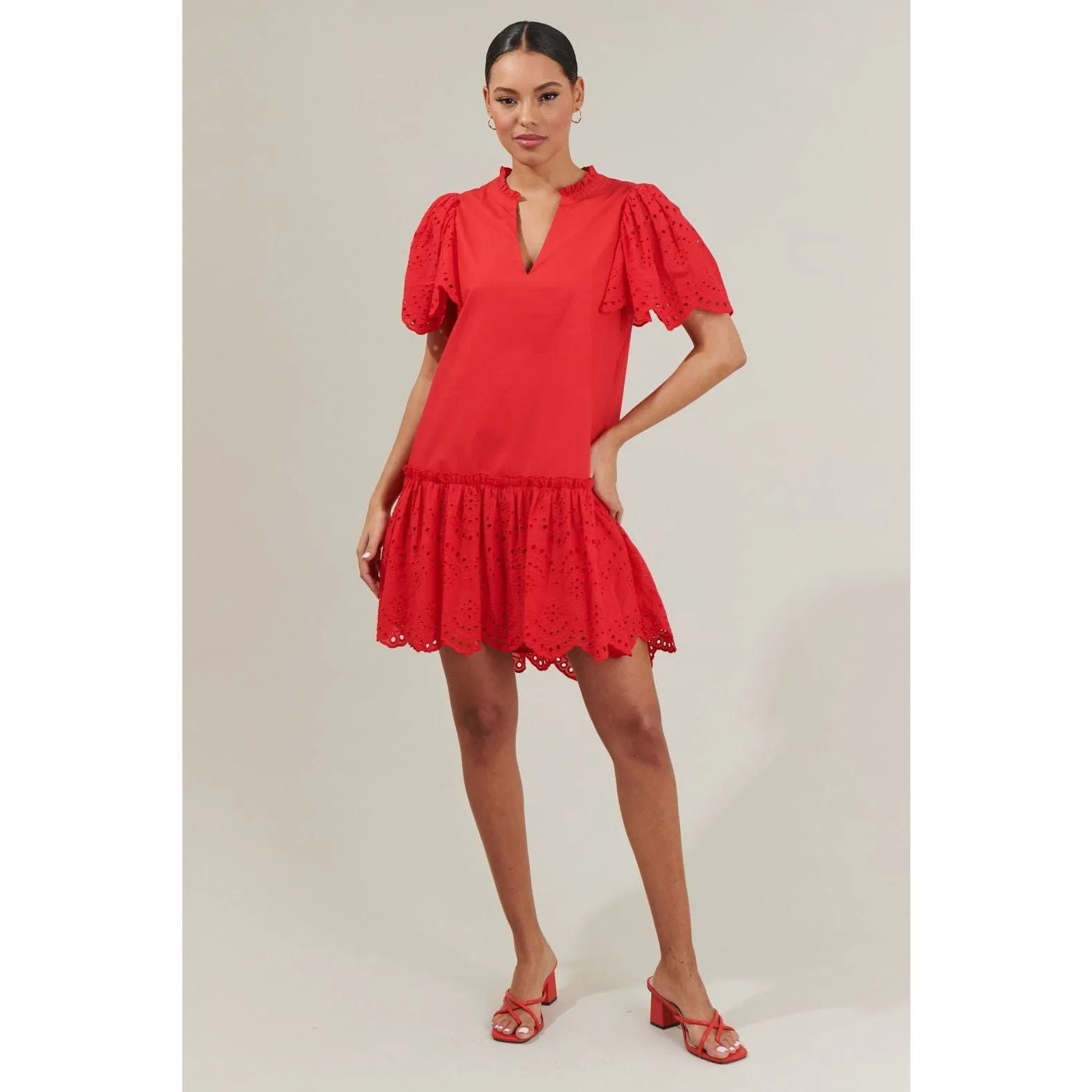 Red Eyelet Trim Poplin Mini Dress