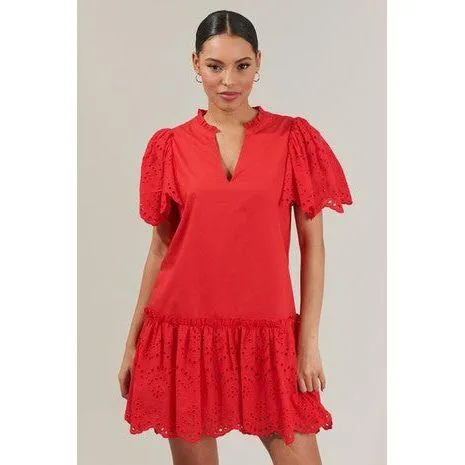 Red Eyelet Trim Poplin Mini Dress