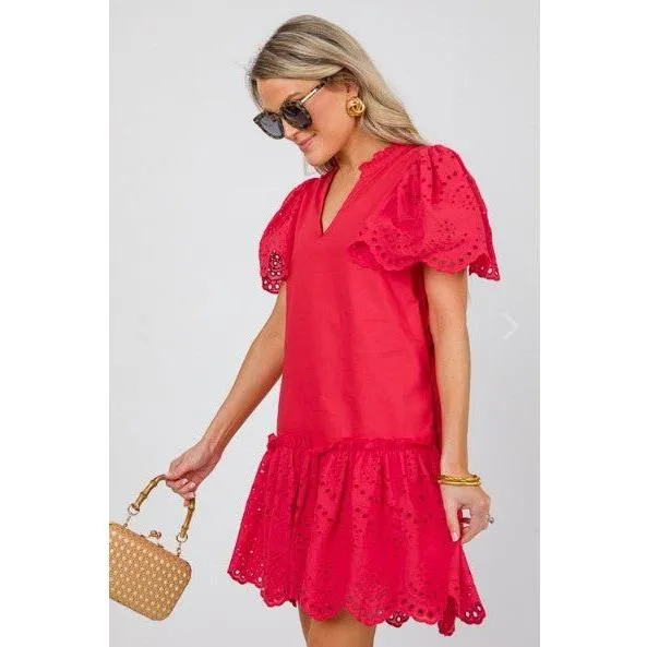 Red Eyelet Trim Poplin Mini Dress