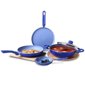 Royal Velvet Non-stick Cookware Set, 5Pc (Fry Pan with Lid, Wok, Dosa Tawa, Mini Fry Pan) Induction Bottom, Soft-touch Handles, Virgin Grade Aluminium, PFOA/Heavy Metals Free, 3mm, 2 Years Warranty, Blue