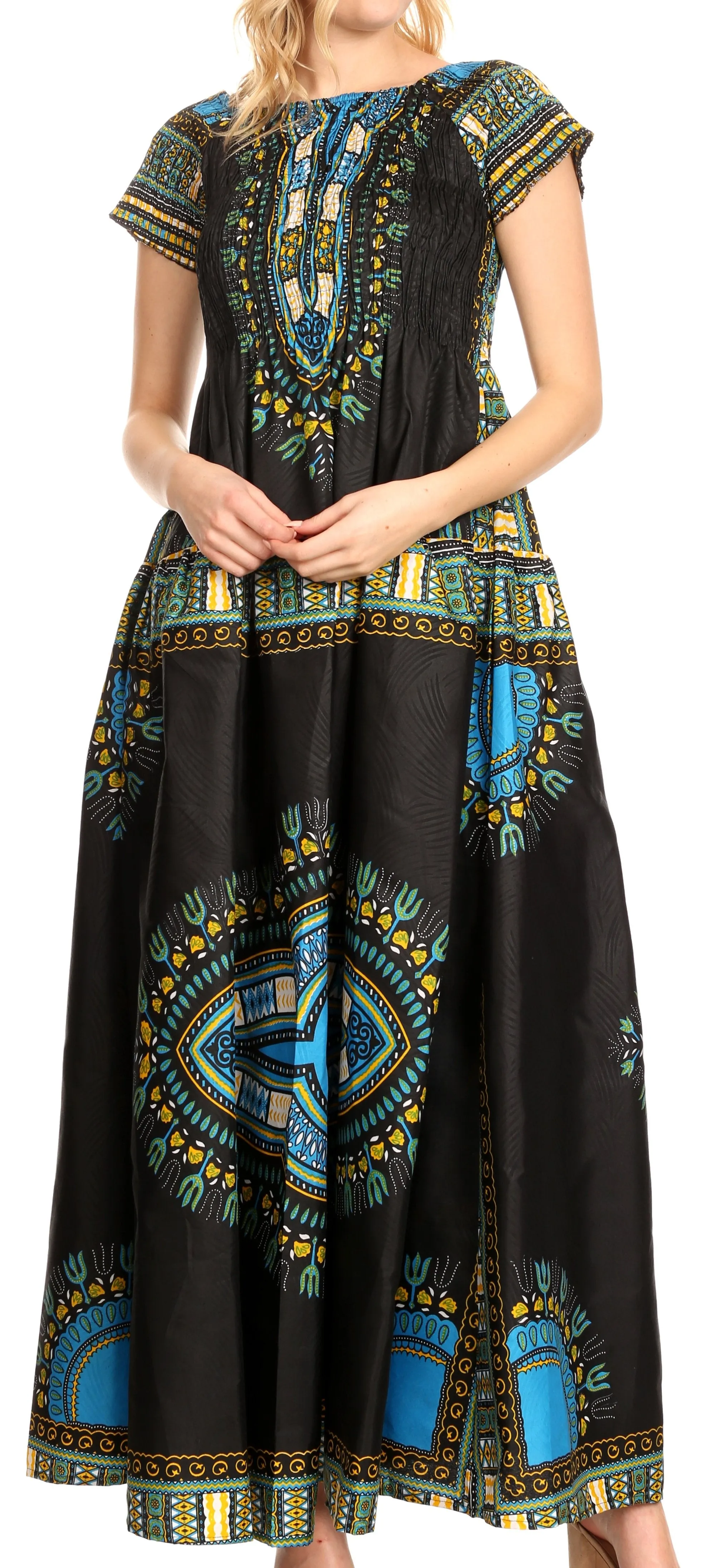 Sakkas Nataly Women's Maxi Off Shoulder Smock Dress African Dashiki Short Sleeve