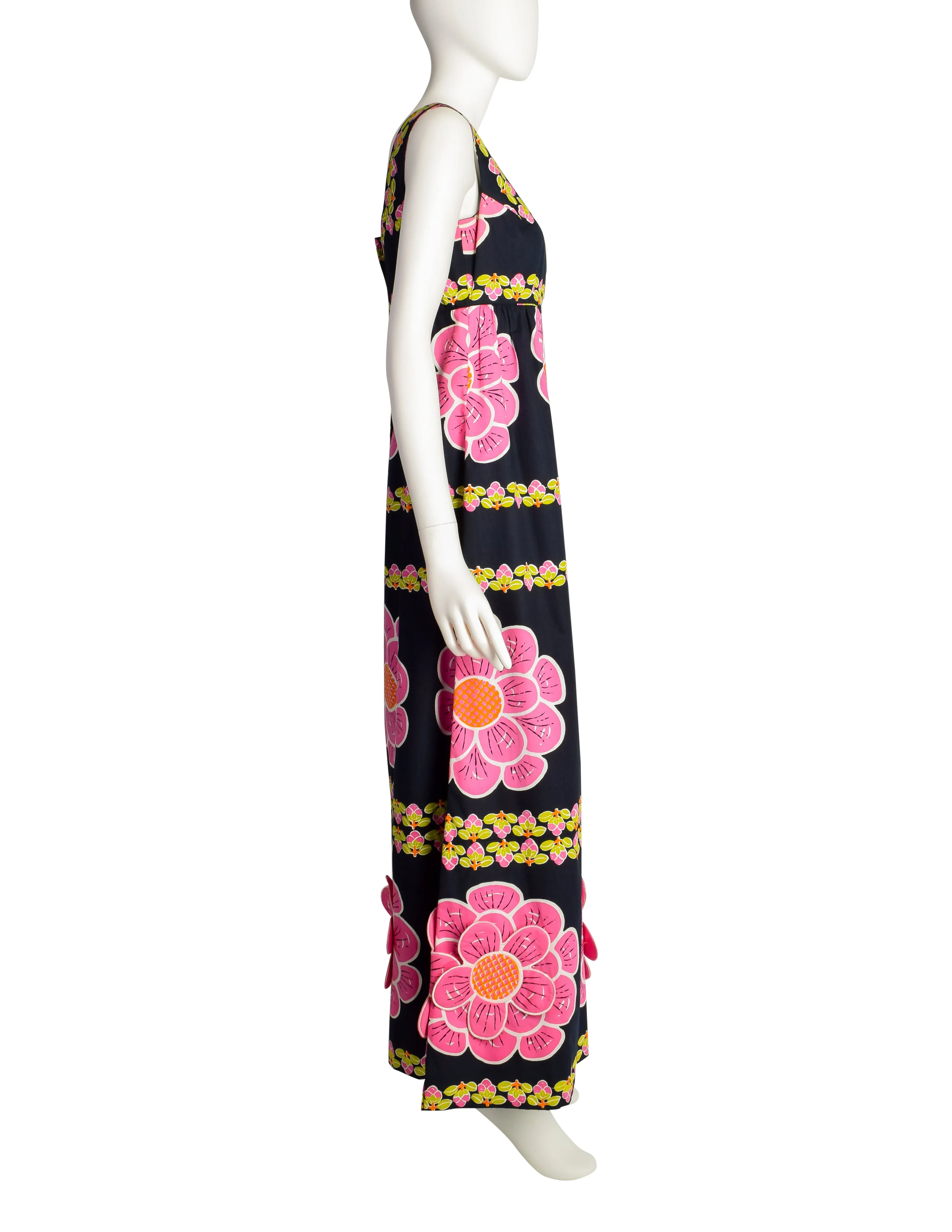 Saks Fifth Avenue Vintage Vivid Bright Pink 3D Flower Deep Blue Cotton Maxi Dress