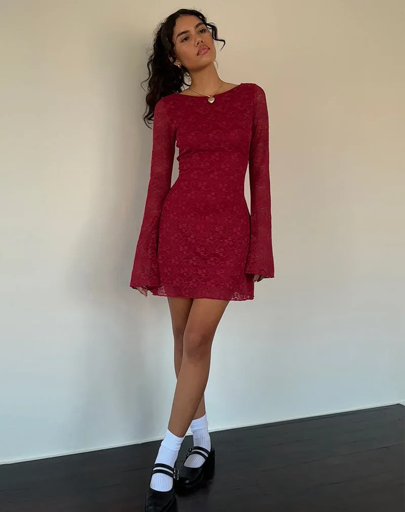 Sevila Long Sleeve Mini Dress in Deep Red Lace