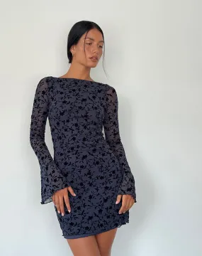 Sevila Long Sleeve Mini Dress in Flocked Petal Navy