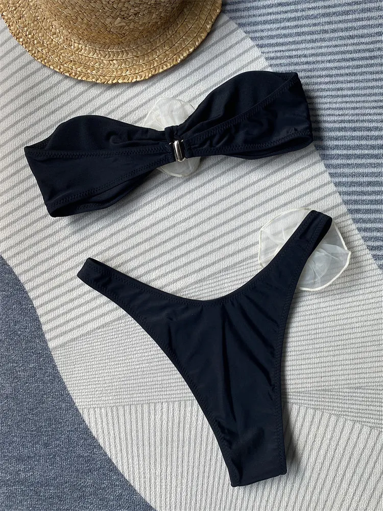 Sexy Black & Ivory Flower Detail String Bikini