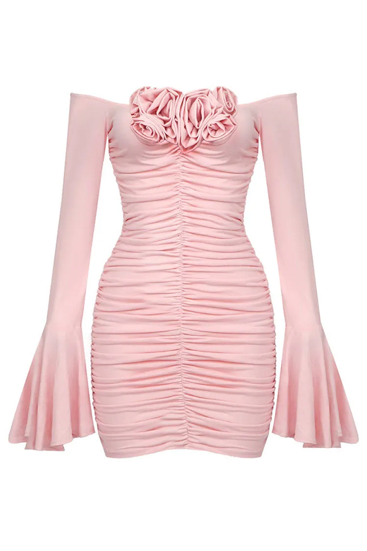 Sexy Rosette Corsage Off Shoulder Bell Sleeve Ruched Party Mini Dress - Pink