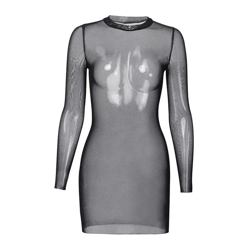 Sheer mesh see through solid long sleeve mini bodycon dress