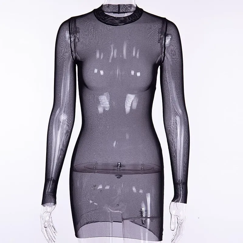 Sheer mesh see through solid long sleeve mini bodycon dress