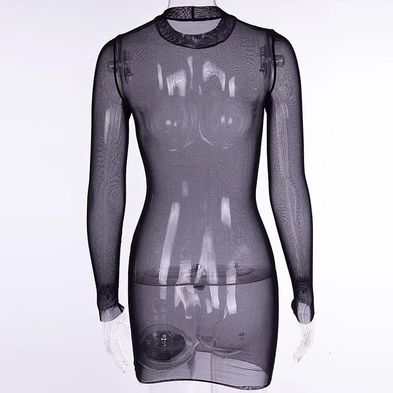 Sheer mesh see through solid long sleeve mini bodycon dress