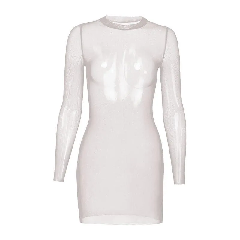 Sheer mesh see through solid long sleeve mini bodycon dress