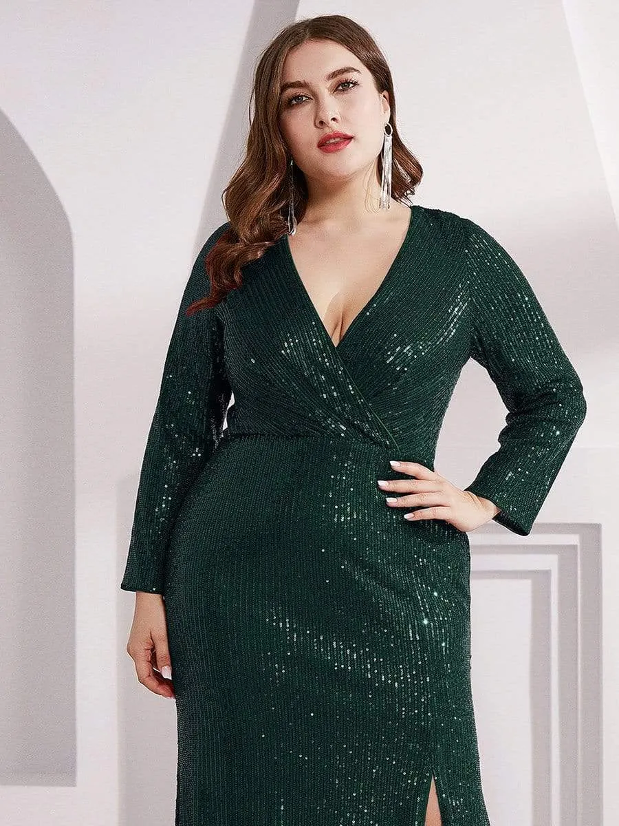 Shiny V Neck Sequin Long Sleeves Evening Dress