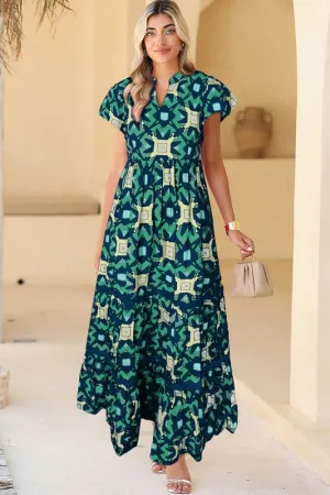 Take Me Back - Green Abstract Pleated Flounce Sleeve Maxi Dress