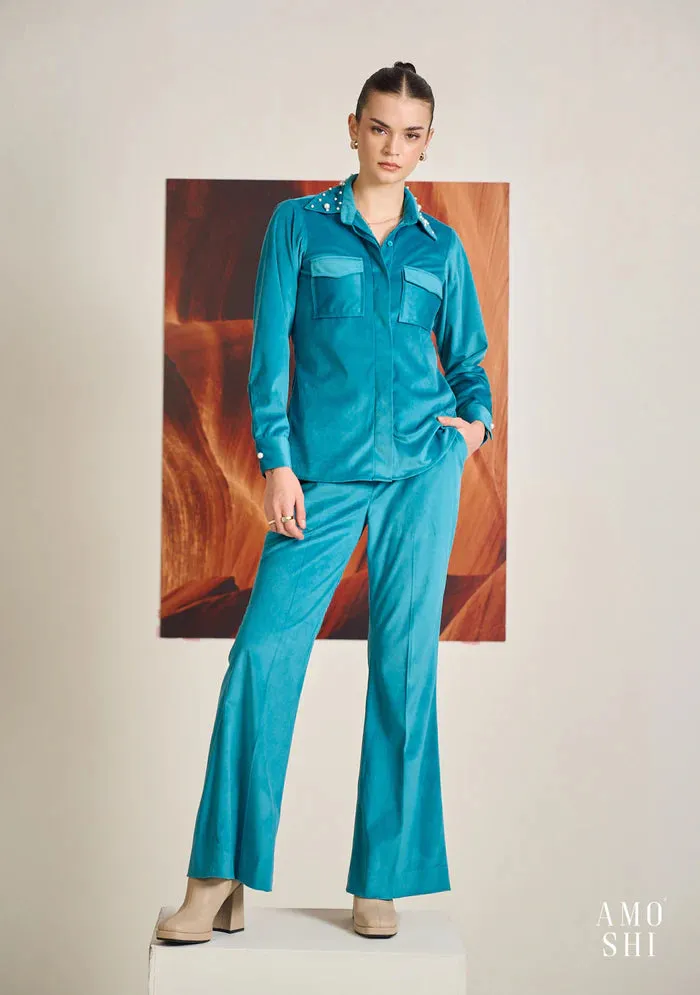 Teal Embellished Women's Evening Shirt