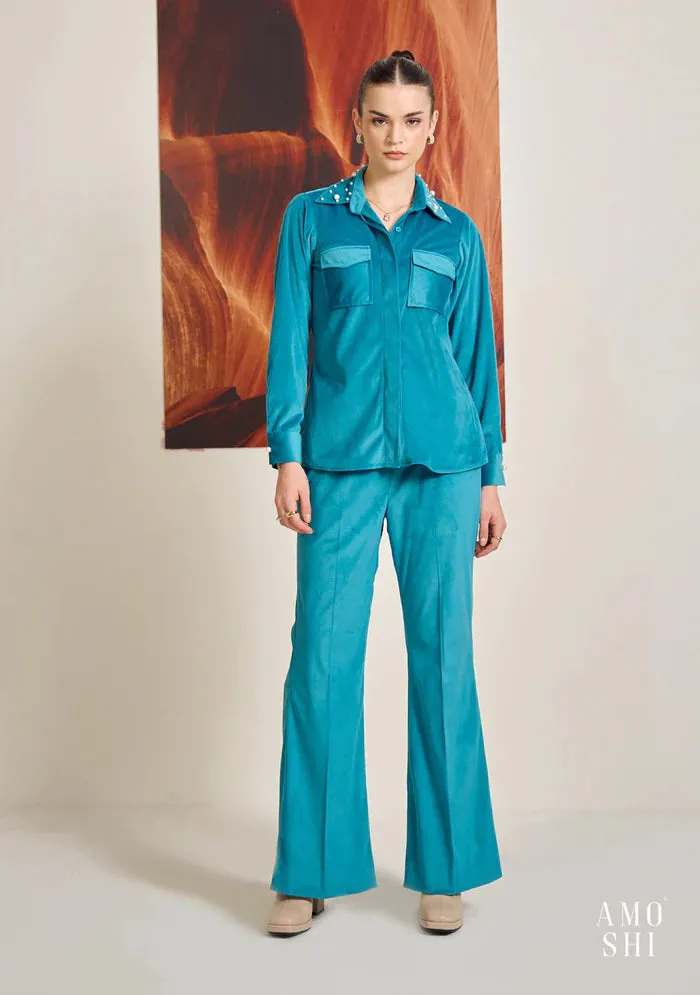 Teal Embellished Women's Evening Shirt