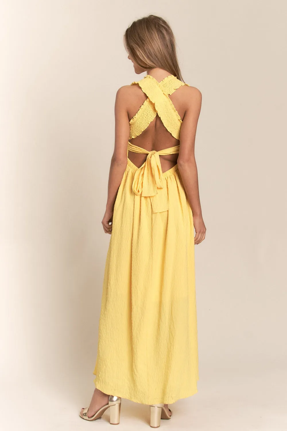 TEEK - Banana Texture Crisscross Back Tie Smocked Maxi Dress