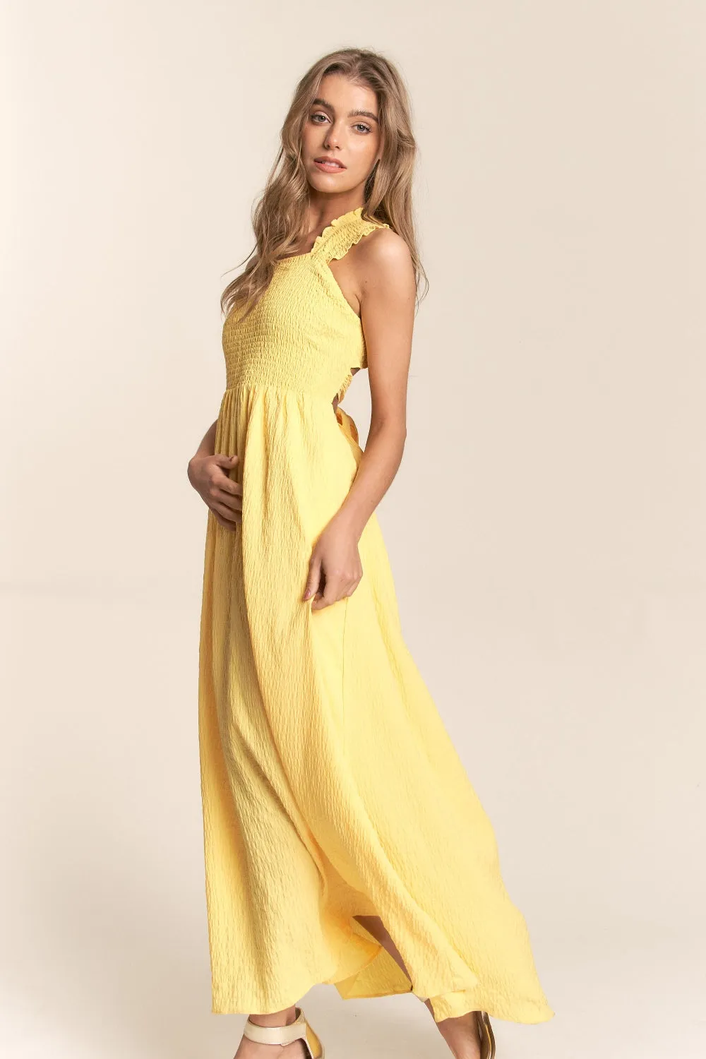 TEEK - Banana Texture Crisscross Back Tie Smocked Maxi Dress