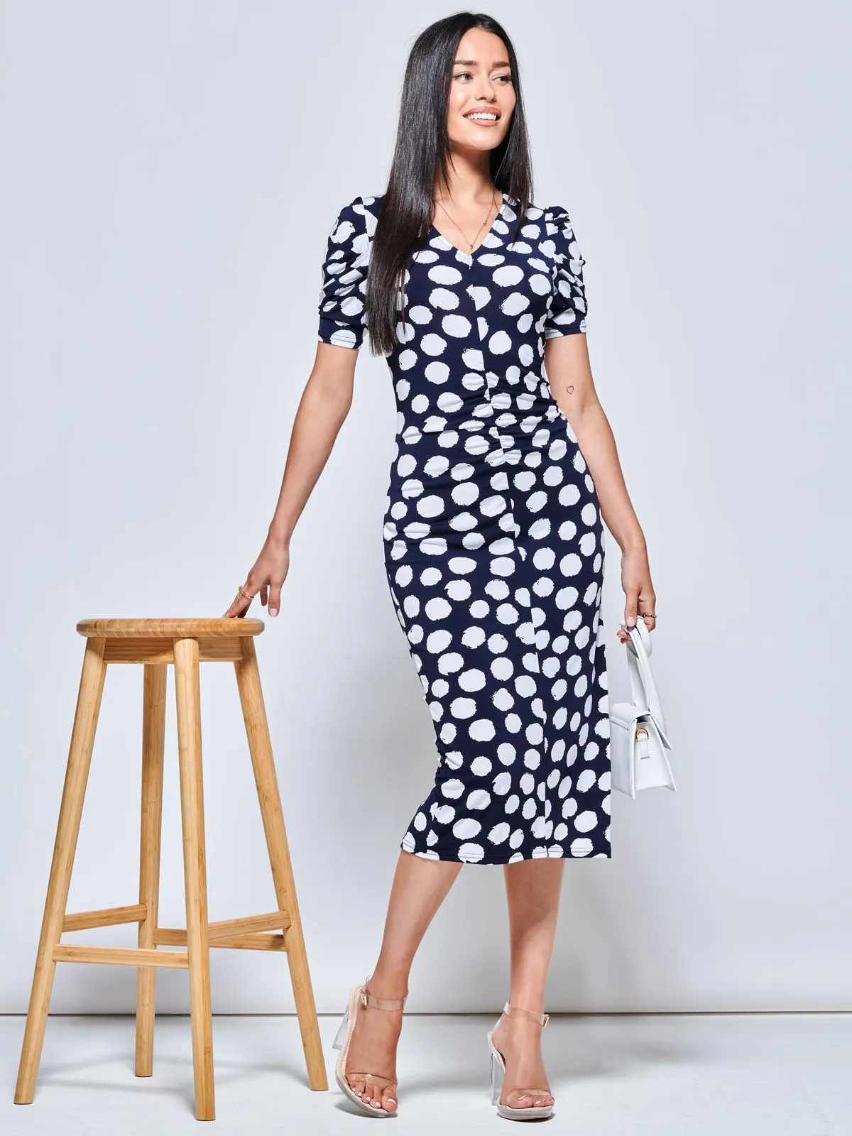 V Neck Bodycon Midi Dress, Navy Spot