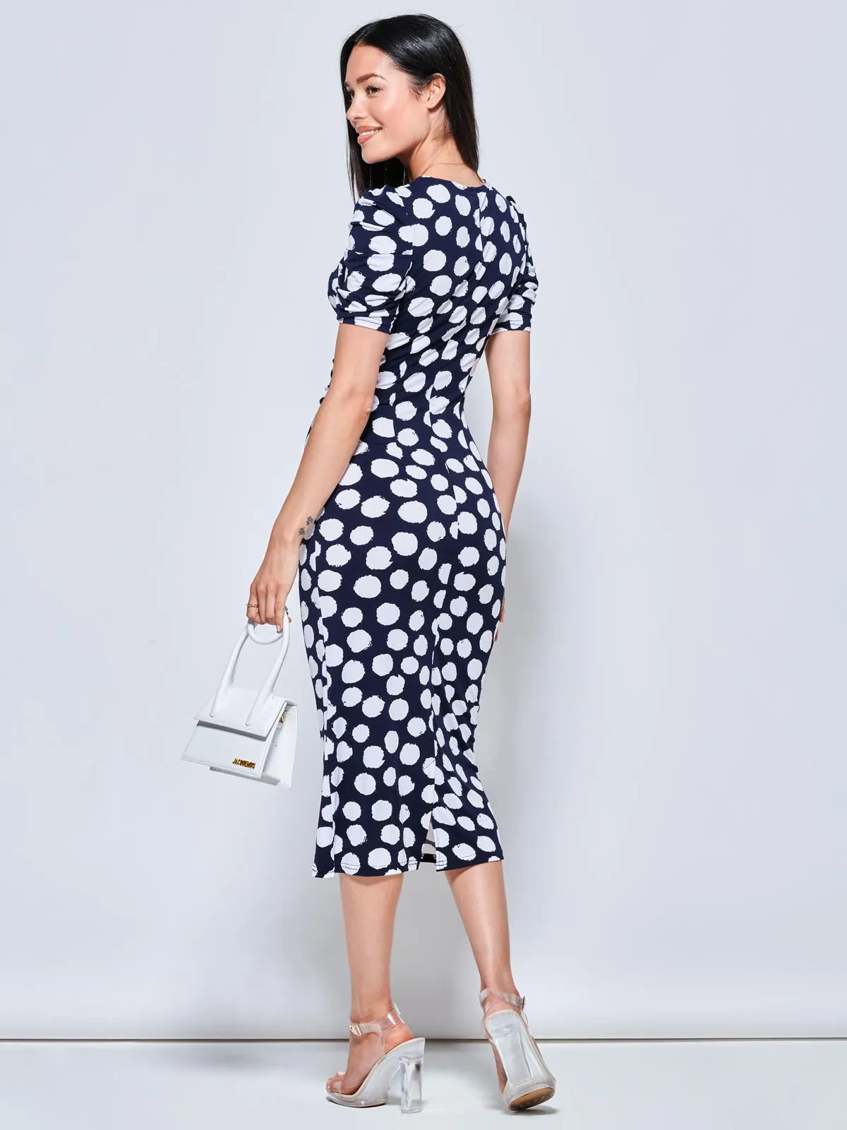 V Neck Bodycon Midi Dress, Navy Spot